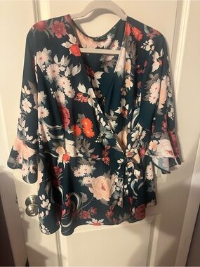 City Chic Teal Floral Wrap Tunic with Pink & Coral Blooms